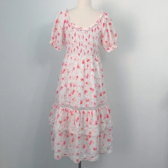 Love Shack Fancy White Pink Floral Lace Ruffle Cotton Cosette Midi Dress-‎ Large - Picture 4 of 9